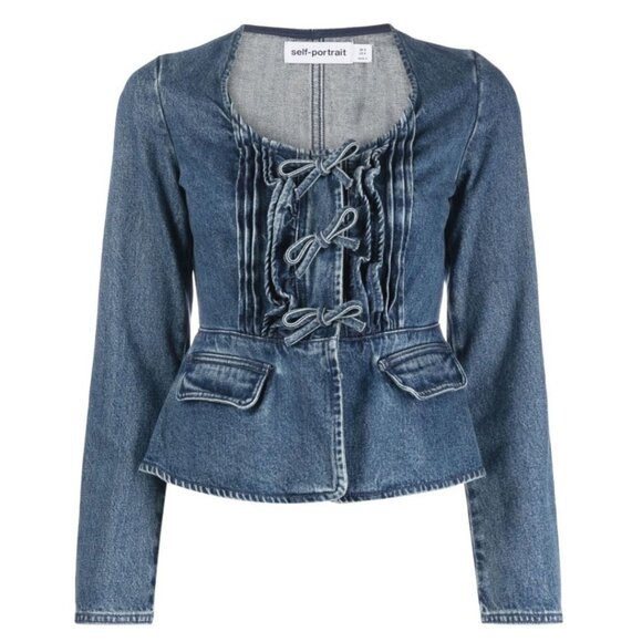 NWT Self-Portrait Denim Peplum Blouse Sz 6 Blue Dark Wash Bow-detailed Ruffles - Picture 1 of 9